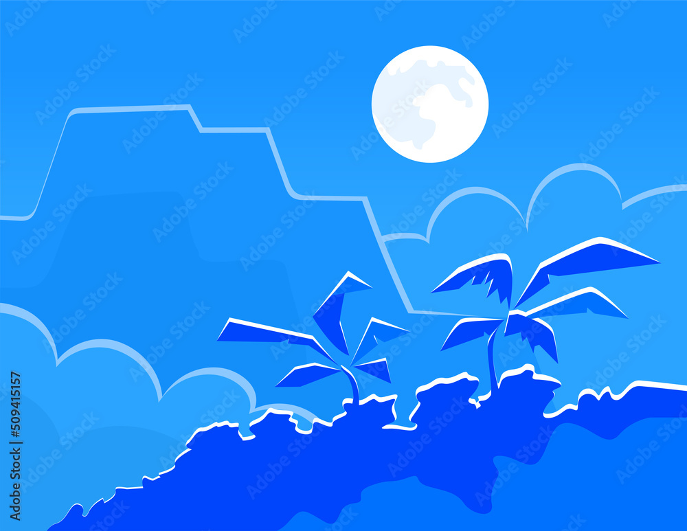 Obraz premium Night landscape of the tropical forest on a background of the moon. Rainforest and mountain. Cartoon vector illustration. Wildlife nature