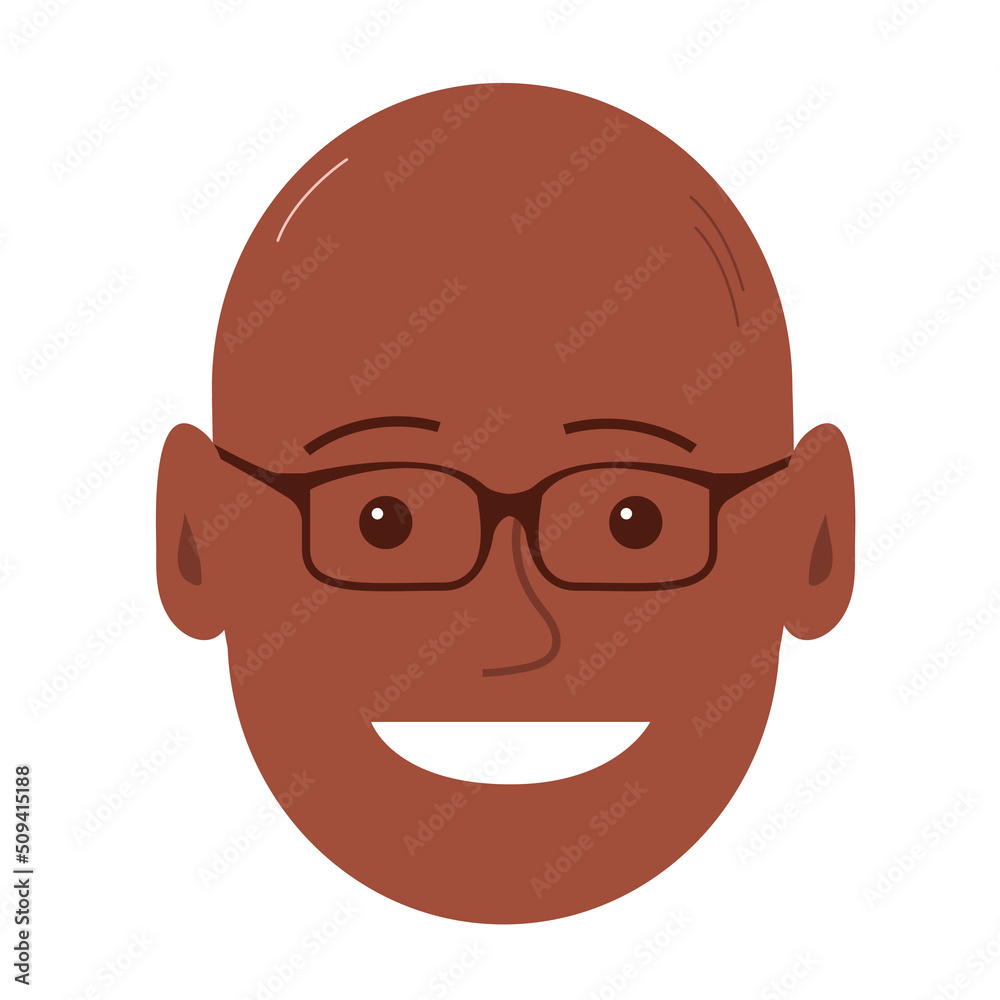 Portrait of a cheerful young man with a happy smile. African American face with glasses. Flat vector illustration of a male head. Isolated on white background Portrait of a cheerful young man with a happy smile. African American face with glasses. Flat vector illustration of a male head. Isolated on white background