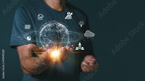 man Hand holding virtual Global Internet connection metaverse. Business global internet connection application technology and digital marketing, Financial and banking, Digital link tech, big data.