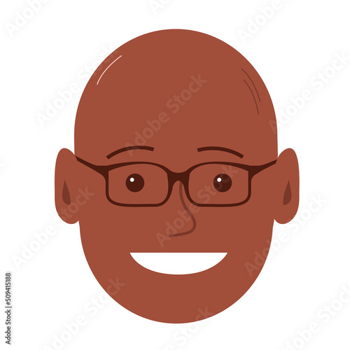 Portrait of a cheerful young man with a happy smile. African American face with glasses. Flat vector illustration of a male head. Isolated on white background