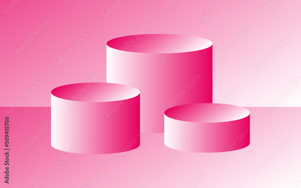 Podium geometric mockup display. Round cylinder pedestal. 3d platform product presentation stand. Abstract vector rendering shape for products display presentation. Modern pink studio room background Podium geometric mockup display. Round cylinder pedestal. 3d platform product presentation stand. Abstract vector rendering shape for products display presentation. Modern pink studio room background