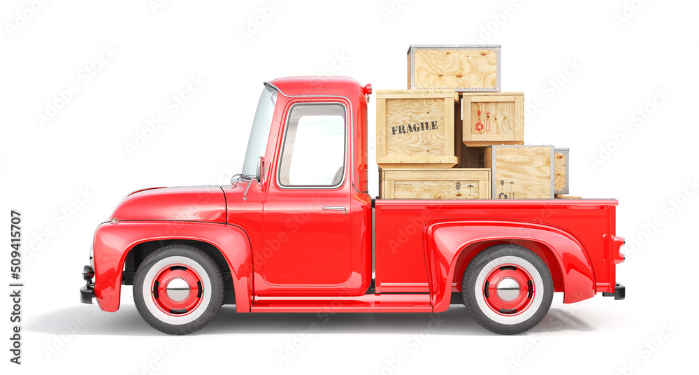 Fototapeta premium Old red truck for delivery isolated on a white background. 3d illustration