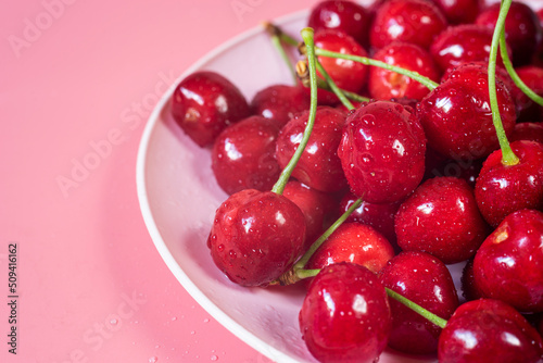 freshly picked cherries in plate on pink background
