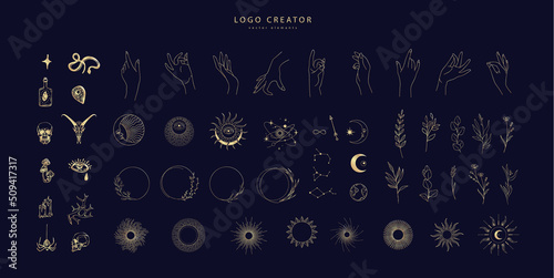 Logo design creator with different frames, floral elements and hand gestures. Magic objects in a minimalistic linear style elements set isolated on background. Vector minimal trendy