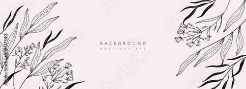 Set of botanical bakground, floral branch and leaves. Vintage foliage for wedding invitation, wall art or card template. Minimal line art drawing. Vector
