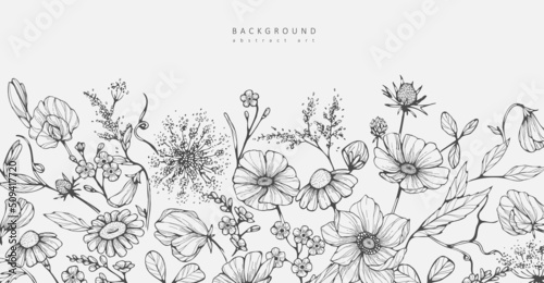 Luxury botanical background with trendy greenery and pea flowers. Vintage foliage for wedding invitation, wall art or card template. Minimal line art drawing. Vector