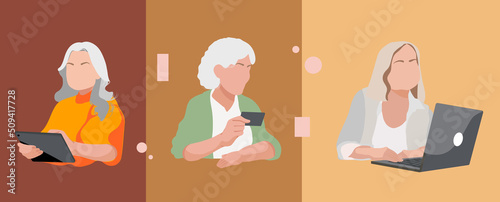 An elderly woman receives money on her payment card. Good investment for retirees. Passive income. Vector illustration