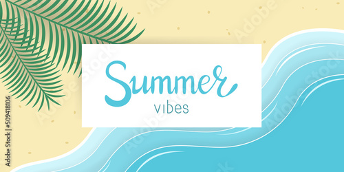 Summer vibes vector banner with paper cut effect. Palms leaves and seashore backdrop