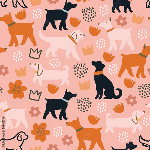 Vector seamless pattern with cute dogs silhouettes, cut out flowers, crowns, dots on pink background. animal pattern with domestic dogs.