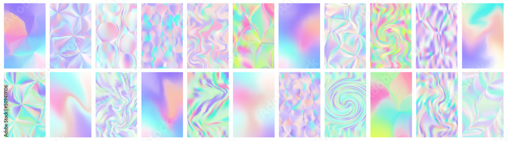 Set of holographic gradient background. Abstract retro furistic cover set. 90s, 80s style for brochure, banner, flyers. Pastel neon rainbow metallic texture. Iridescent foil or glitch. Vector Set of holographic gradient background. Abstract retro furistic cover set. 90s, 80s style for brochure, banner, flyers. Pastel neon rainbow metallic texture. Iridescent foil or glitch. Vector