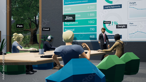People as avatars having a business meeting in a virtual metaverse VR office, discussing company financial sales report stats. Generic 3d rendering