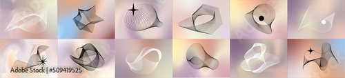 Trendy geometric wave design elements on fluid gradient background inspired brutalism, abstract bauhaus and boho cosmic style. Vector