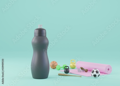 Huge sport water bottle bidon with sport equipment yoga mat dumbbell kettlebell baseball bat and balls concept of drink water while workout fitness training 3D rendering illustration photo