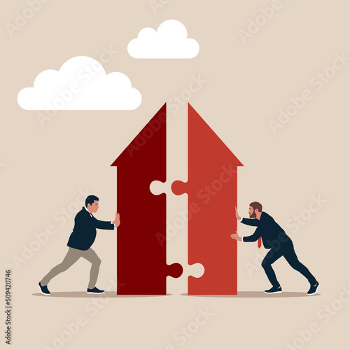 Two businessmen merging arrows together. Vector illustration.