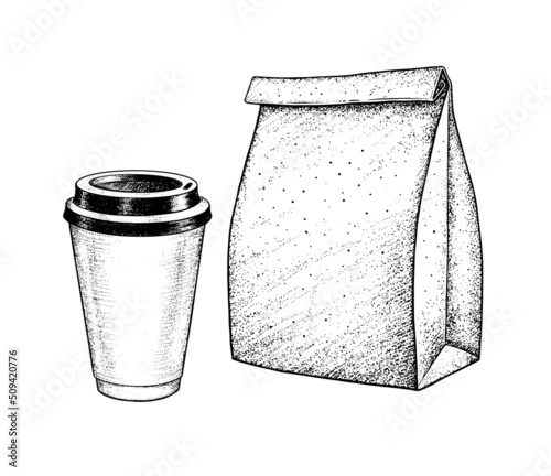 Illustration of take away coffee cup and paper bag