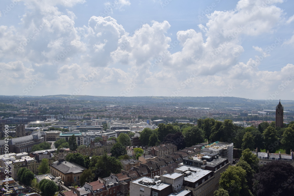 Aerial view of Bristol city during sunny day with sky and clouds