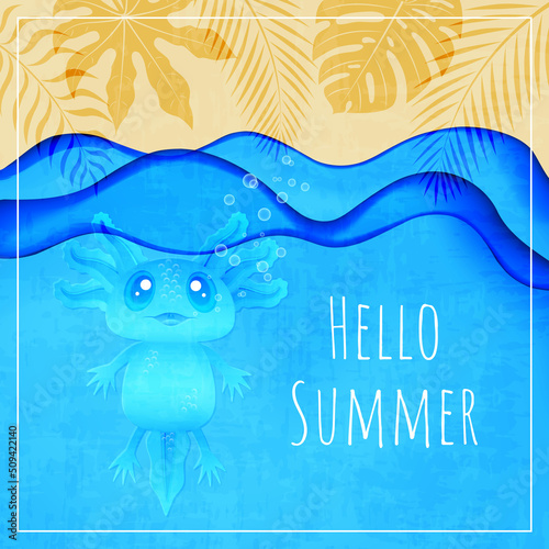 Hello summer banner with axolotl