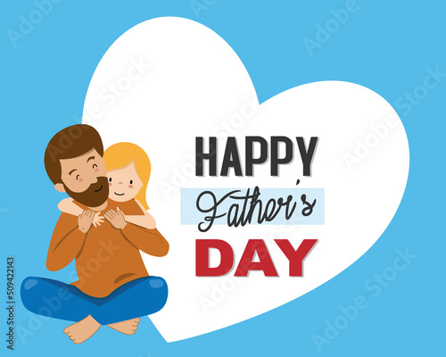 Happy Father's day card. Father and daughter hugging. Space for text 