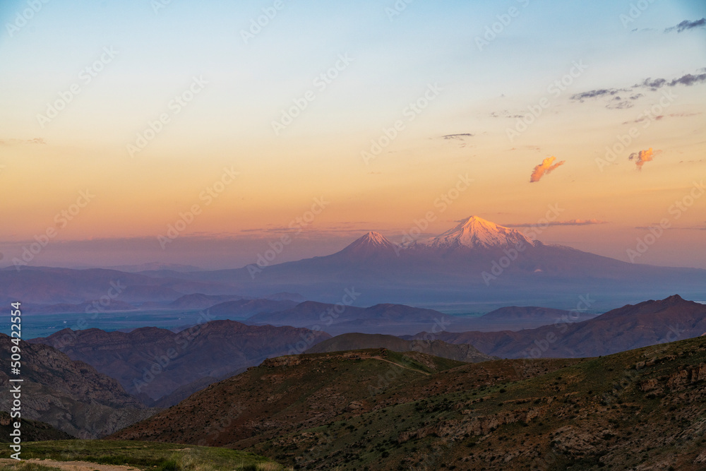Panoramic view at the Ararat mountains on the sunrise.