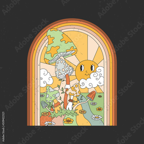 Mushrooms, rainbow and sun in vintage style. For t-shirt prints and other uses.