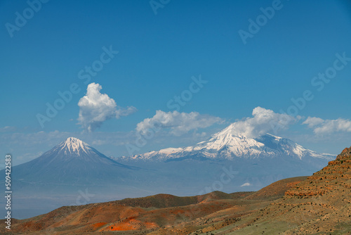 Beautiful view of the Ararat mountains and clouds sky.