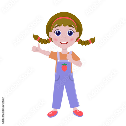 The girl shows the class. Super Gesture. Girl in overalls with pigtails 