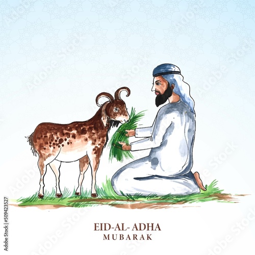 People are sacrificing goats orqurban on eid al adha mubarak festival card background