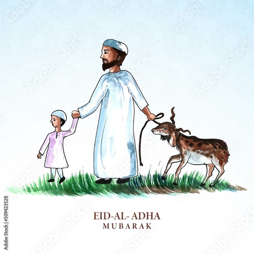 People are sacrificing goats orqurban on eid al adha mubarak festival card background