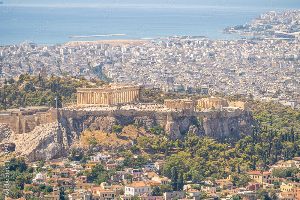 Views of the Acropolis of Athens on a sunny summer day