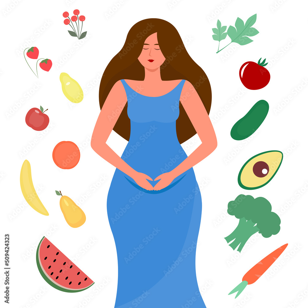 Obraz premium Vegetables and fruits for a healthy diet for a beautiful pregnant woman. Flat vector. Girl surrounded by vegetables and fruits.