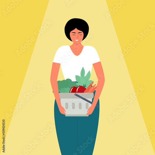 Beautiful woman with healthy food in a basket. Flat vector. Diet nutriciology concept. photo