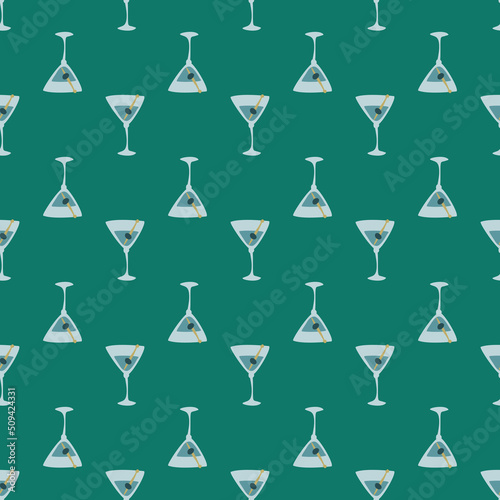 Martini glass with olive and skewer seamless pattern. Doodle style. Color hand drawn image. Repeat template. Party drinks concept. Freehand drawing. Cartoon sketch graphic draft