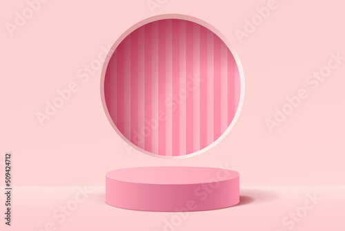 Empty 3d pink round podium with abstract geometric shape background