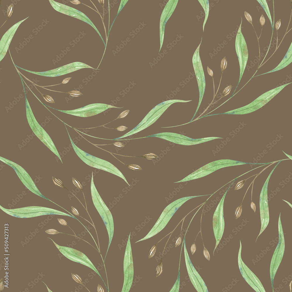 Fototapeta premium Wild herbs with seeds. Watercolor botanical pattern on brown background. Green elegant leaves. I