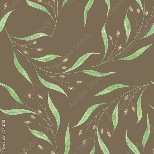 Wild herbs with seeds. Watercolor botanical pattern on brown background. Green elegant leaves. I