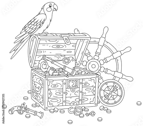 Funny parrot perched on a treasure chest full of gold coins, a pirate map and an old wooden helm with a marine compass from a filibuster sailboat, black and white vector cartoon for a coloring book