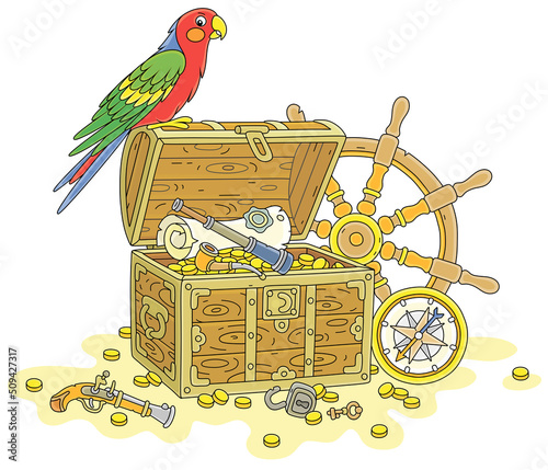 Funny tropical parrot perched on an open treasure chest full of gold coins, a pirate map and an old wooden helm with a marine compass from a filibuster sailboat, vector cartoon illustration