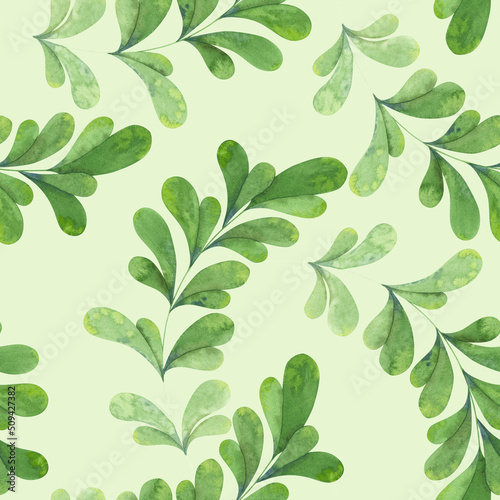 Forest green leaves. Botanical seamless pattern. Watercolor plants on a yellow-green background.