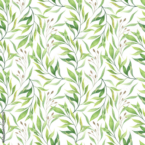 Green leaves and seeds. Elegant wild grasses. A vegetal seamless pattern.