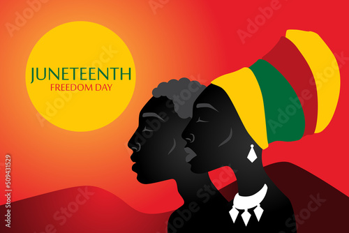 Silhouette of African American man and woman with headdress. Juneteenth Freedom Day. June 19, 1865. Freedom, patriotism and equality concept. EPS10 vector.