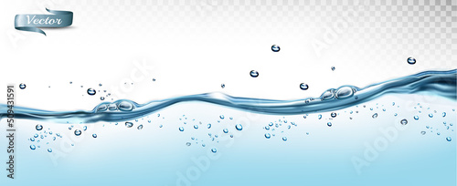 Realistic transparent Water waves with air bubbles and sunbeams on transparent background. Vector illustration