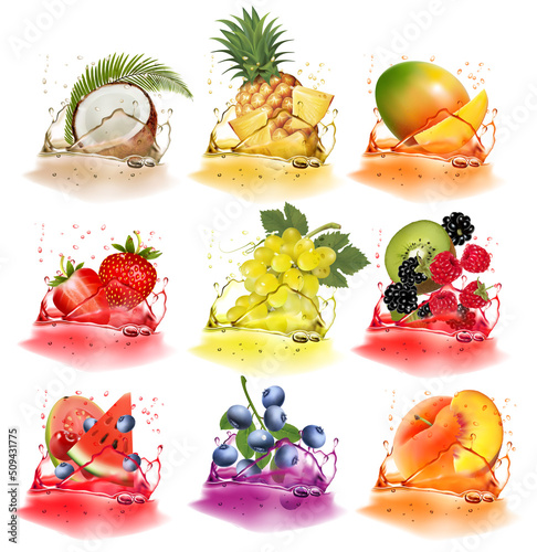 Set of fresh fruits and berries in juice splash. Pineapple, strawberry, raspberry, blackberry, coconut, blueberry, mango, watermelon, kiwi. Vector