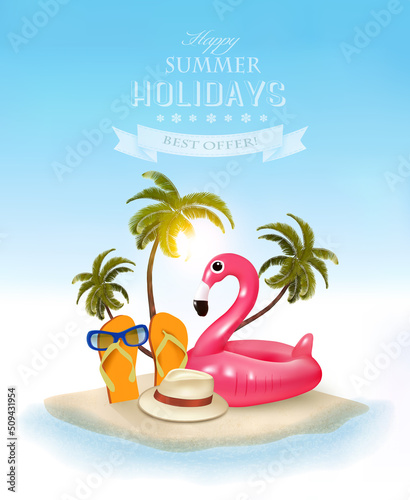 Summer festive holidays background. Travel background with flip flops and a pink flamingo inflatable toy. Vector.