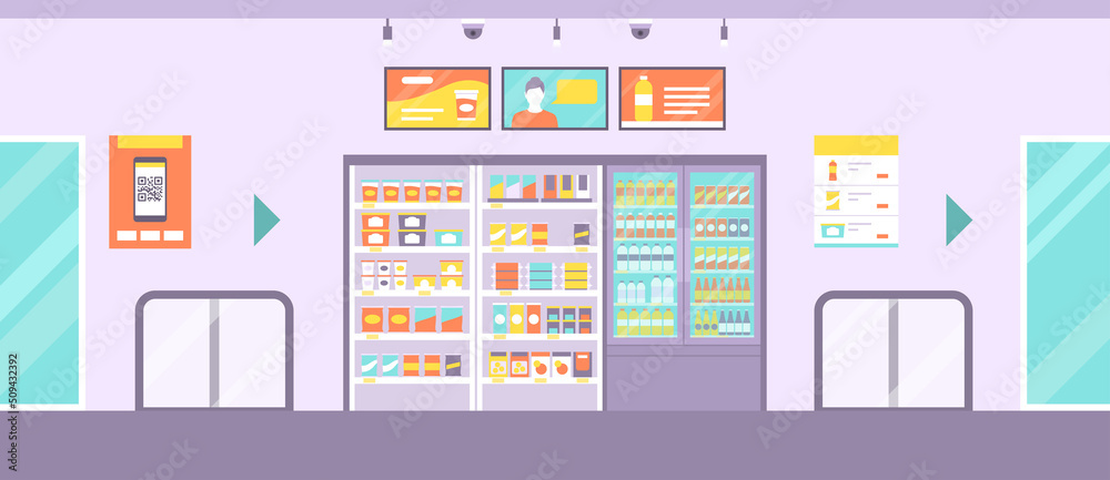 Unmanned convenience store interior with shelves