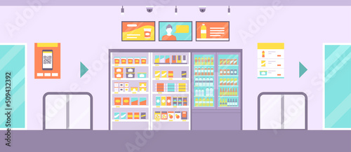 Unmanned convenience store interior with shelves