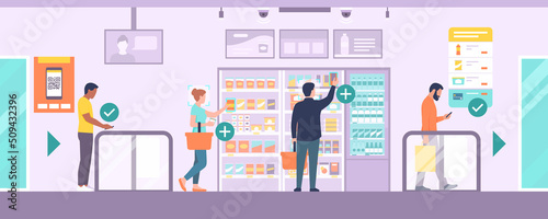 People doing grocery shopping at the automated AI convenience store