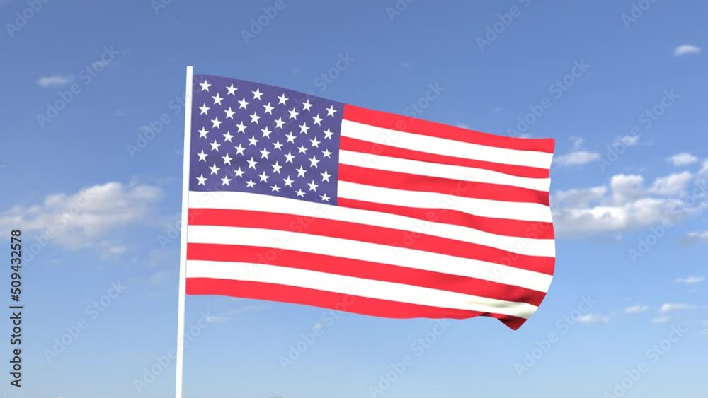 The American flag flutters in the wind against the sky. Happy Independence Day on blue background. Animation for Independence Day. 4th of July. 3D animation. The American flag flutters in the wind against the sky. Happy Independence Day on blue background. Animation for Independence Day. 4th of July. 3D animation.