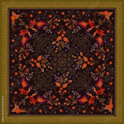 A beautiful print for a bandana, scarf, shawl with fabulous peacocks, flowers, leaves, berries and curlicue patterns on a black background. Beautiful decorative frame. Fashion accessory.