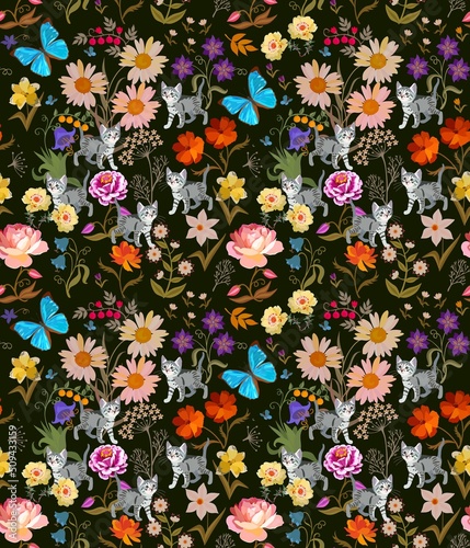 Bright bed linen print. Seamless multicolor natural pattern with little kittens playing among the flowers and huge butterflies on black background in vector.