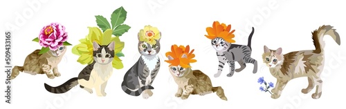 Funny seamless border with fashionista cats in flower hats isolated on white background in vector. Animal print with Chinese New Year 2023 symbols.
